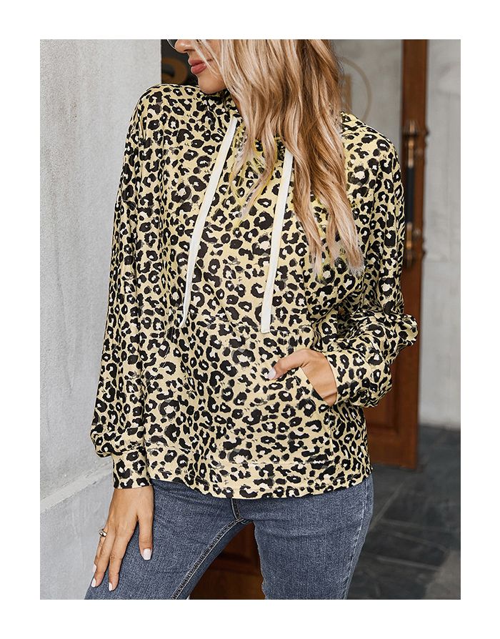 Fall Winter Women New Leopard Print Hoodies Fashion Loose Hooded Sweatshirt