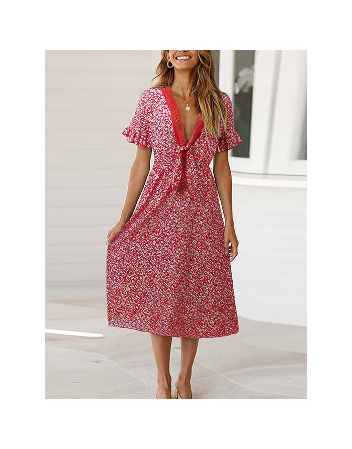 Summer Dress Women V-Neck Bowknot Ruffled Short Sleeve Floral Printed Bohemian Long Dresses